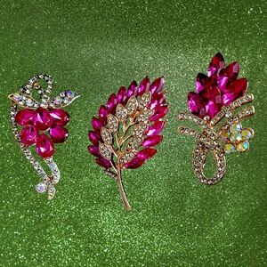 Hot Pink Rhinestone Brooch Trio